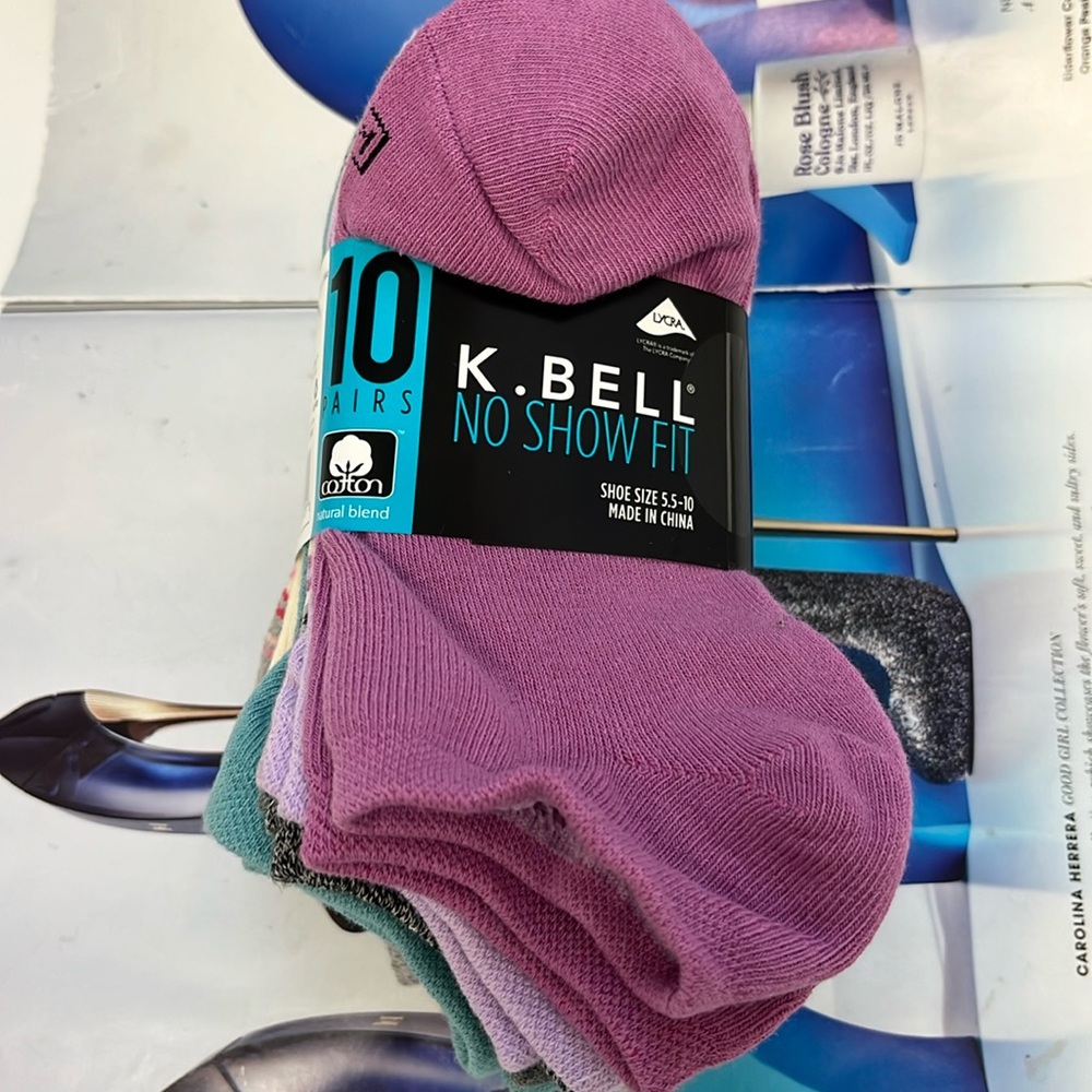 K. Bell No Show Fit Socks 10 Pairs multicolor 5.5-10 new